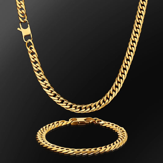6 Sided Miami Chain & Bracelet Gold Set