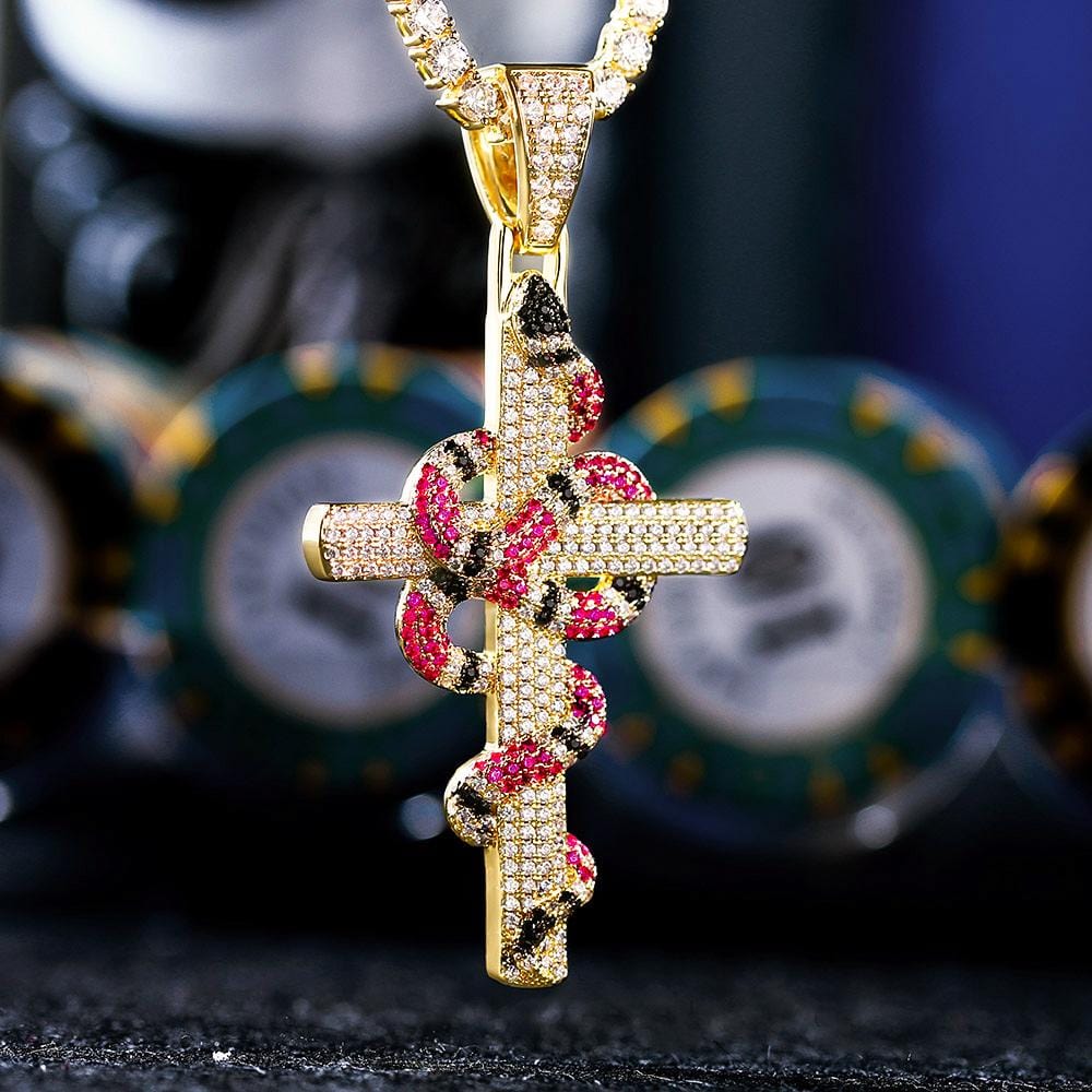 Iced Twisted Snake Cross Pendant Necklace -KRKC Wholesale