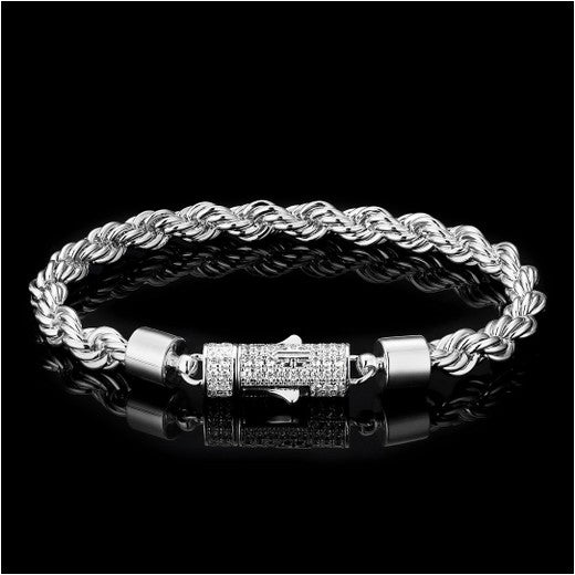Iced Out Clasp Rope Bracelet in 14k White Gold 6mm