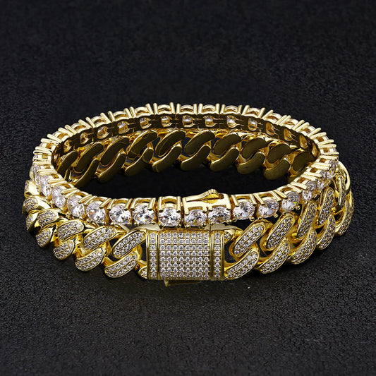 Tennis Cuban Bracelet Gold Set