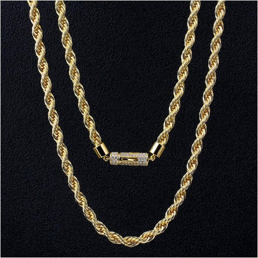 KRKC 6mm Iced Out Clasp Mens Rope Chain and Bracelet Set in 14K Gold