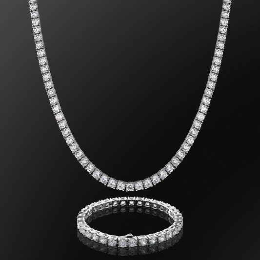 Tennis Necklace Bracelet White Gold Set - 5mm